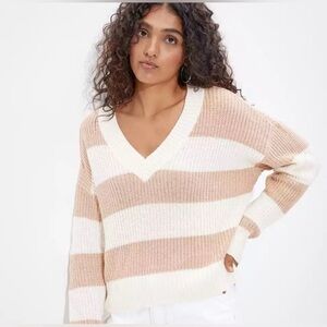 American Eagle Striped V-Neck Cable Knit Sweater